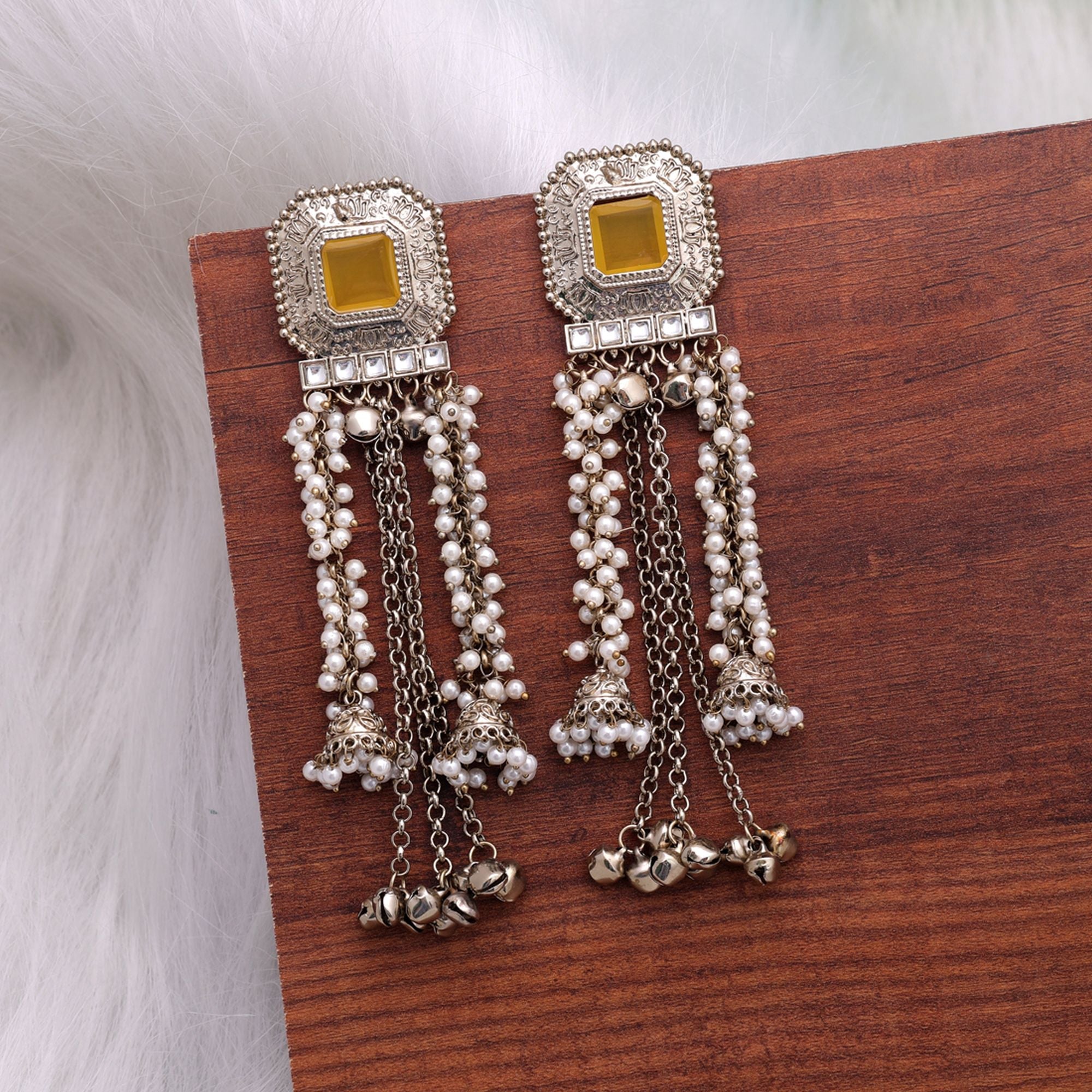 Yellow Color Kashmiri Kundan Earrings Traditional Appeal