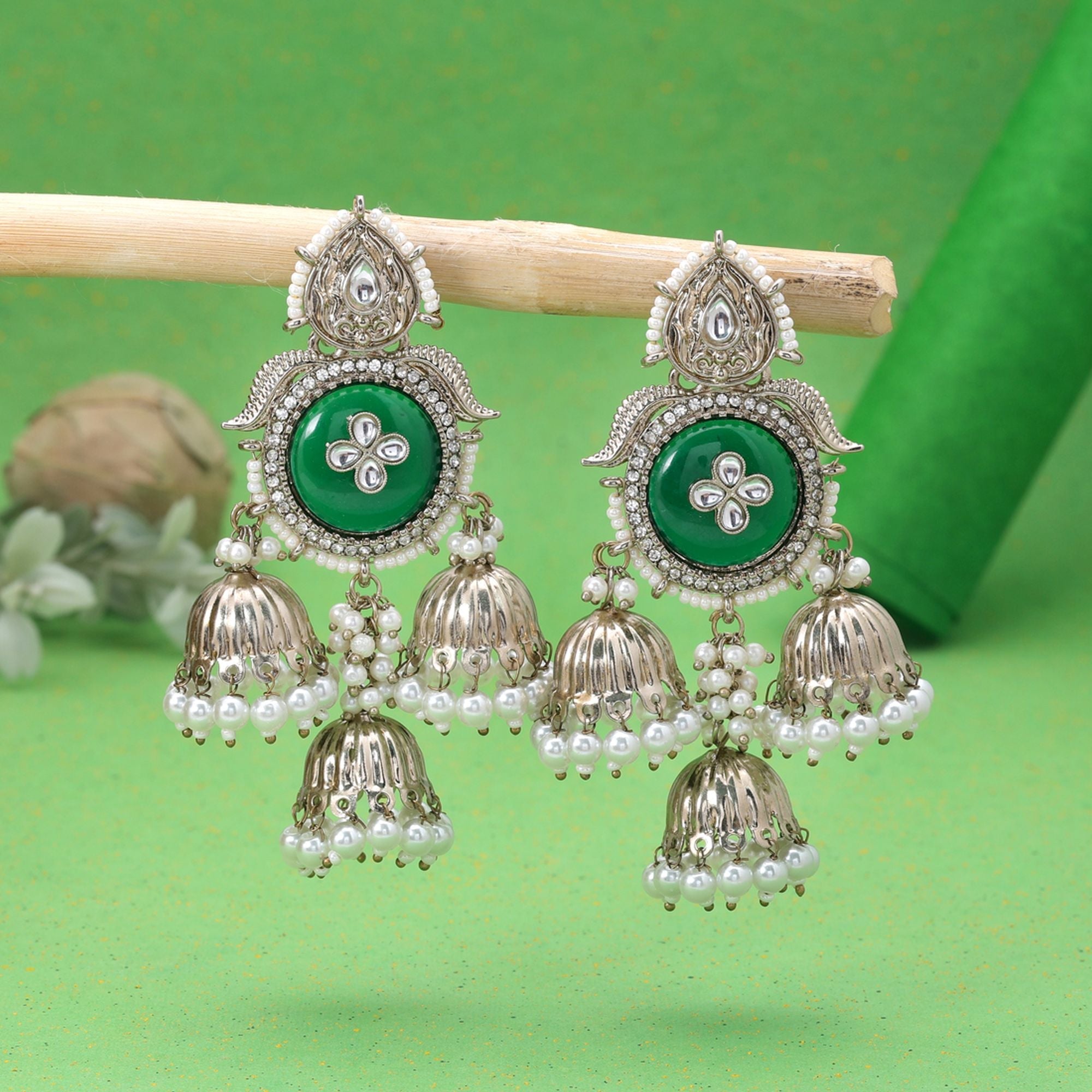 Green Color Kundan Earrings Handmade Designer Style