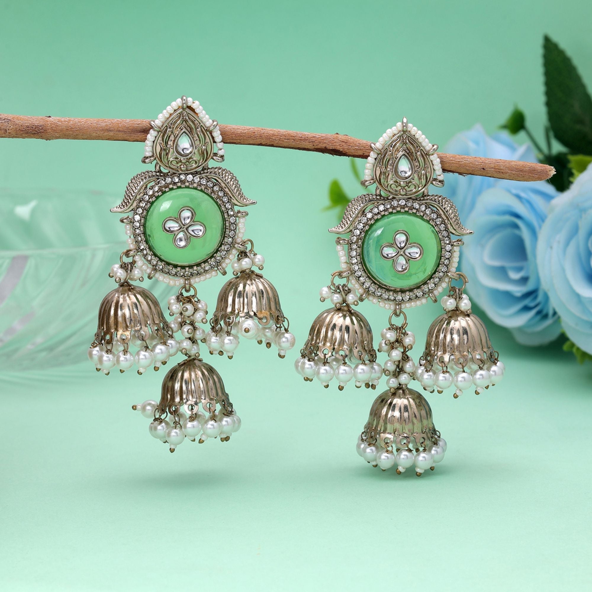 Light Green Color Kundan Earrings Handmade Jewelry Design