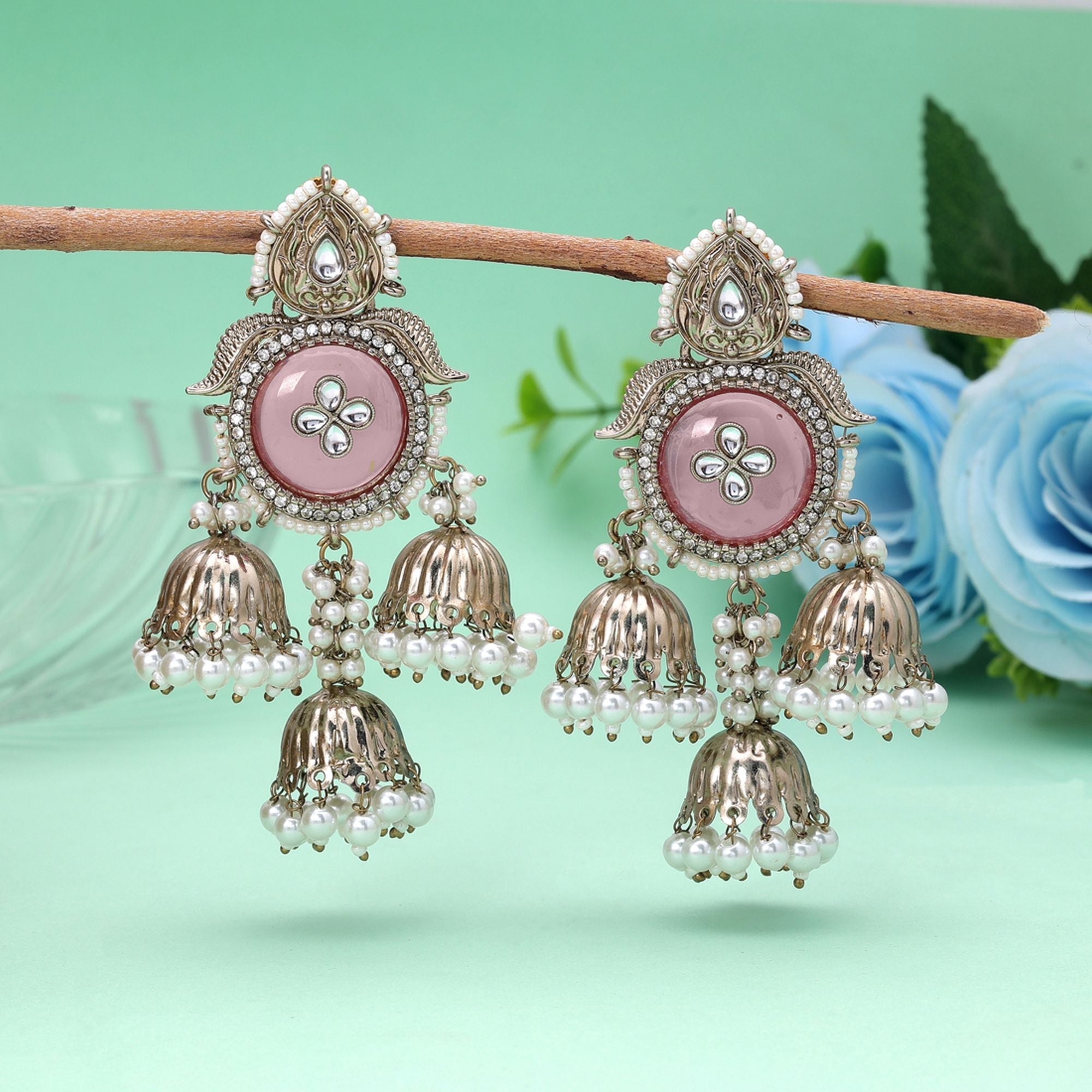 Light Pink Color Kundan Earrings Ethnic Fashion Style