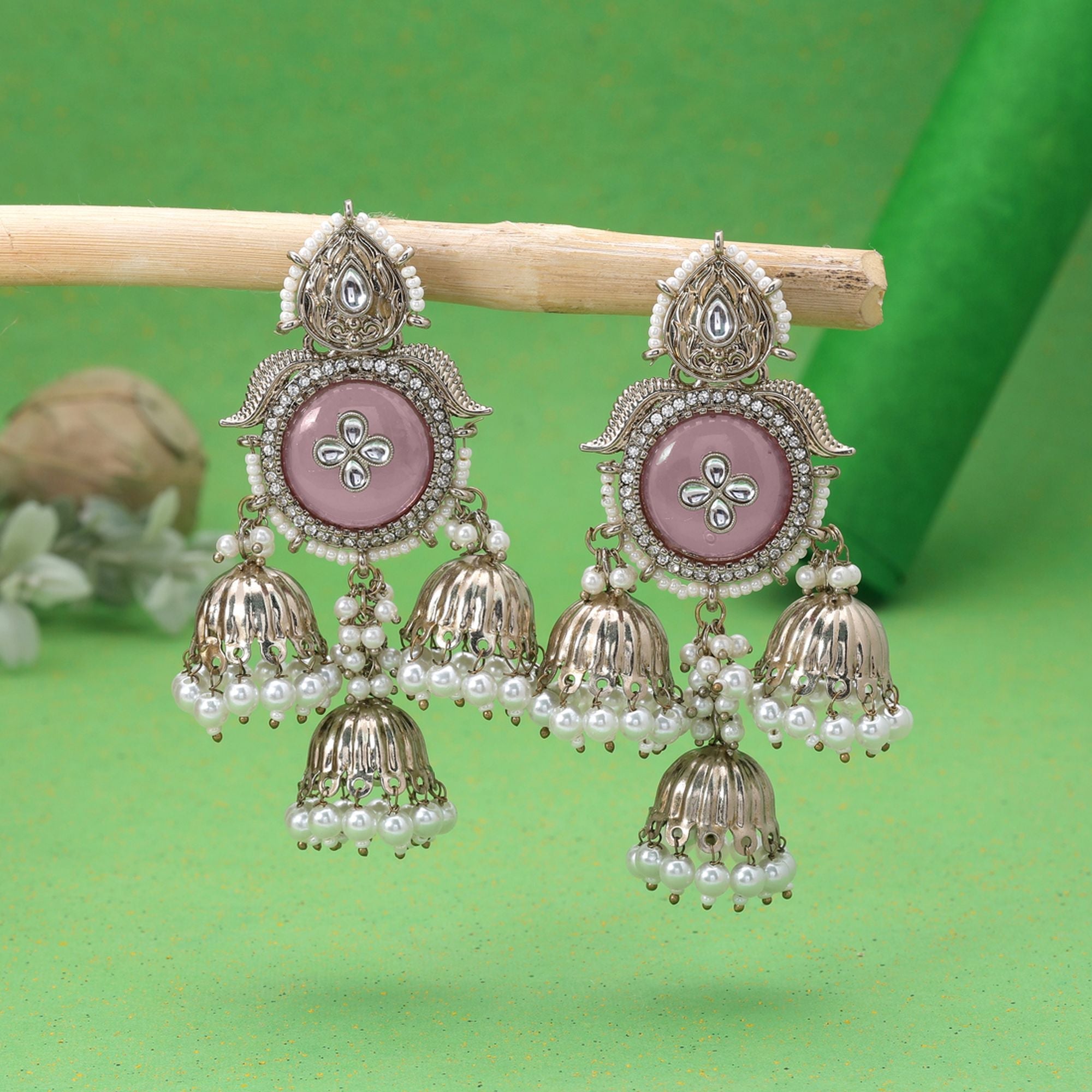 Light Pink Color Kundan Earrings Ethnic Fashion Style
