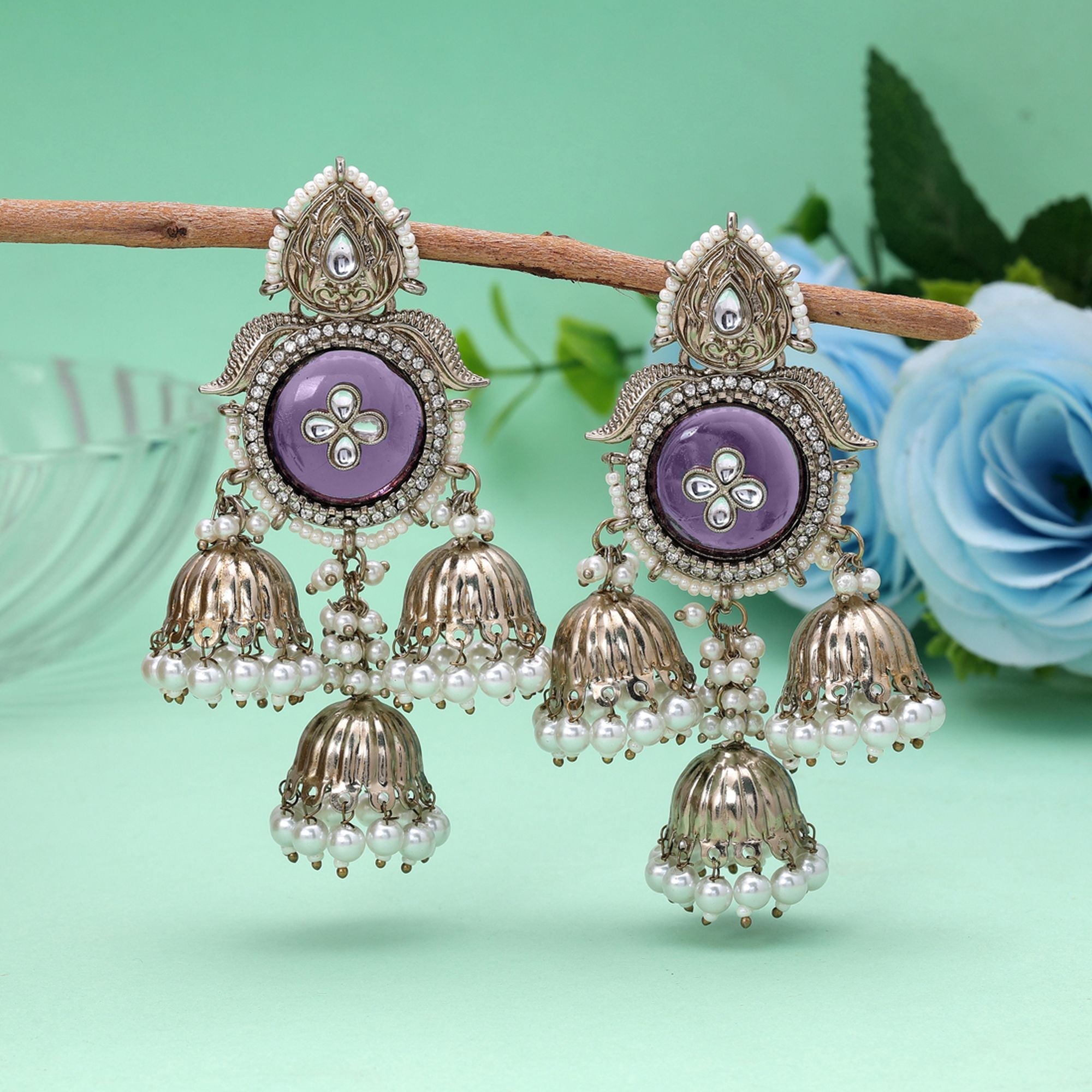 Light Purple Color Kundan Earrings Ethnic Jewelry Finish