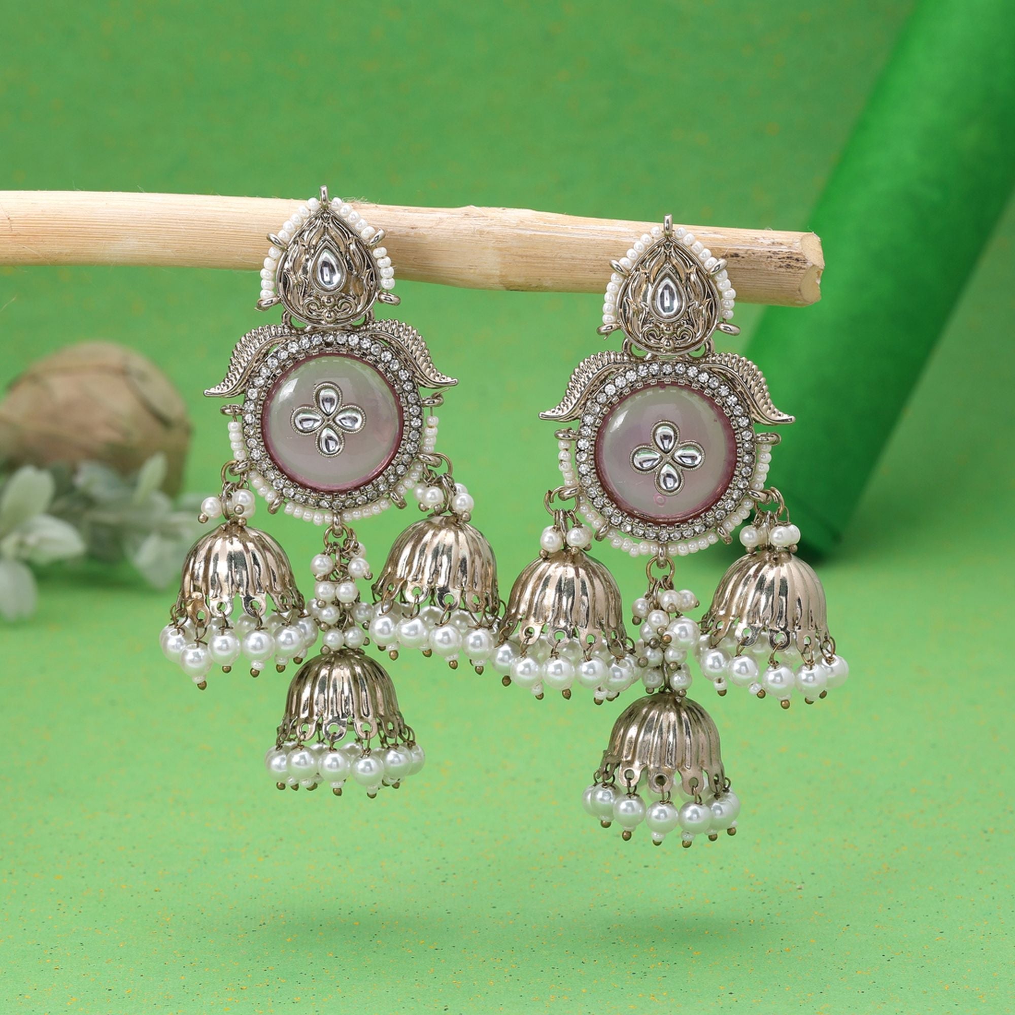 Mauve Color Kundan Earrings Handmade Traditional Style