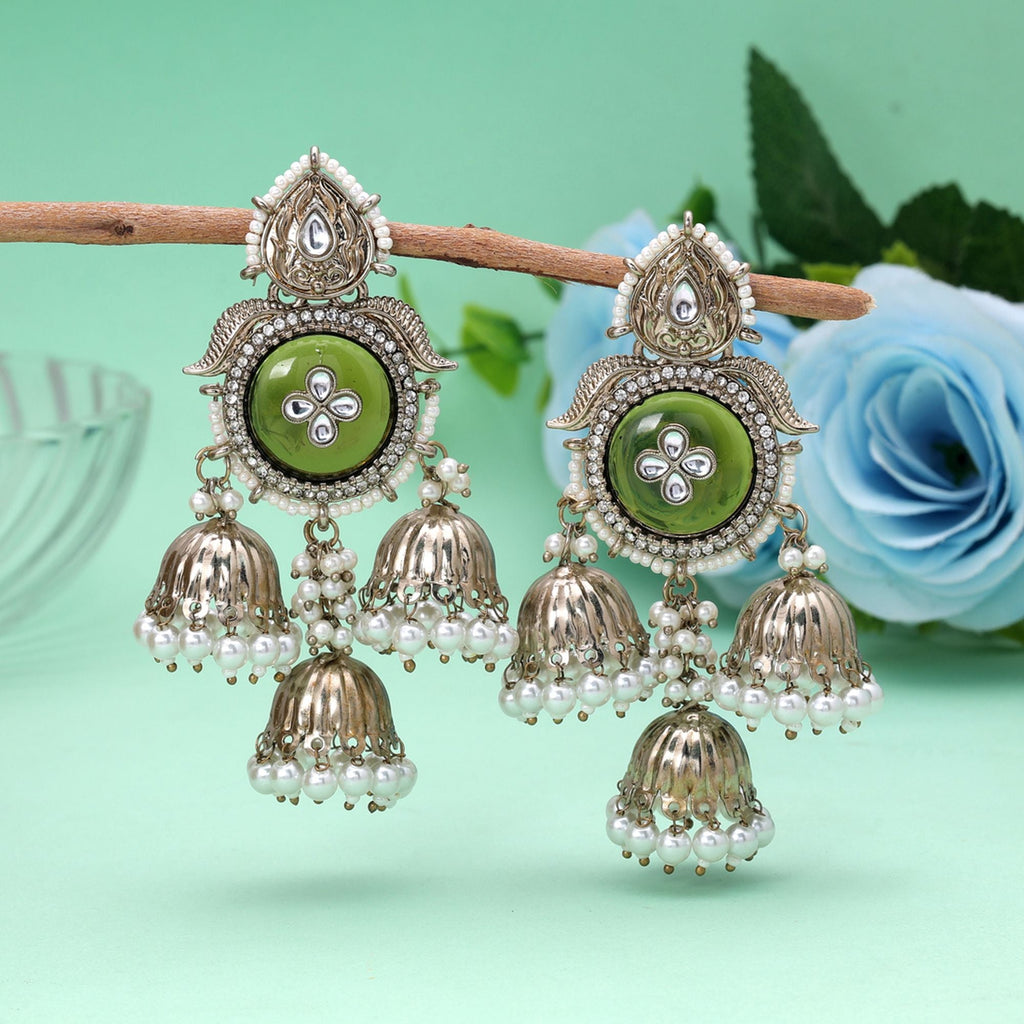 Olive Green Color Kundan Earrings Traditional Appeal