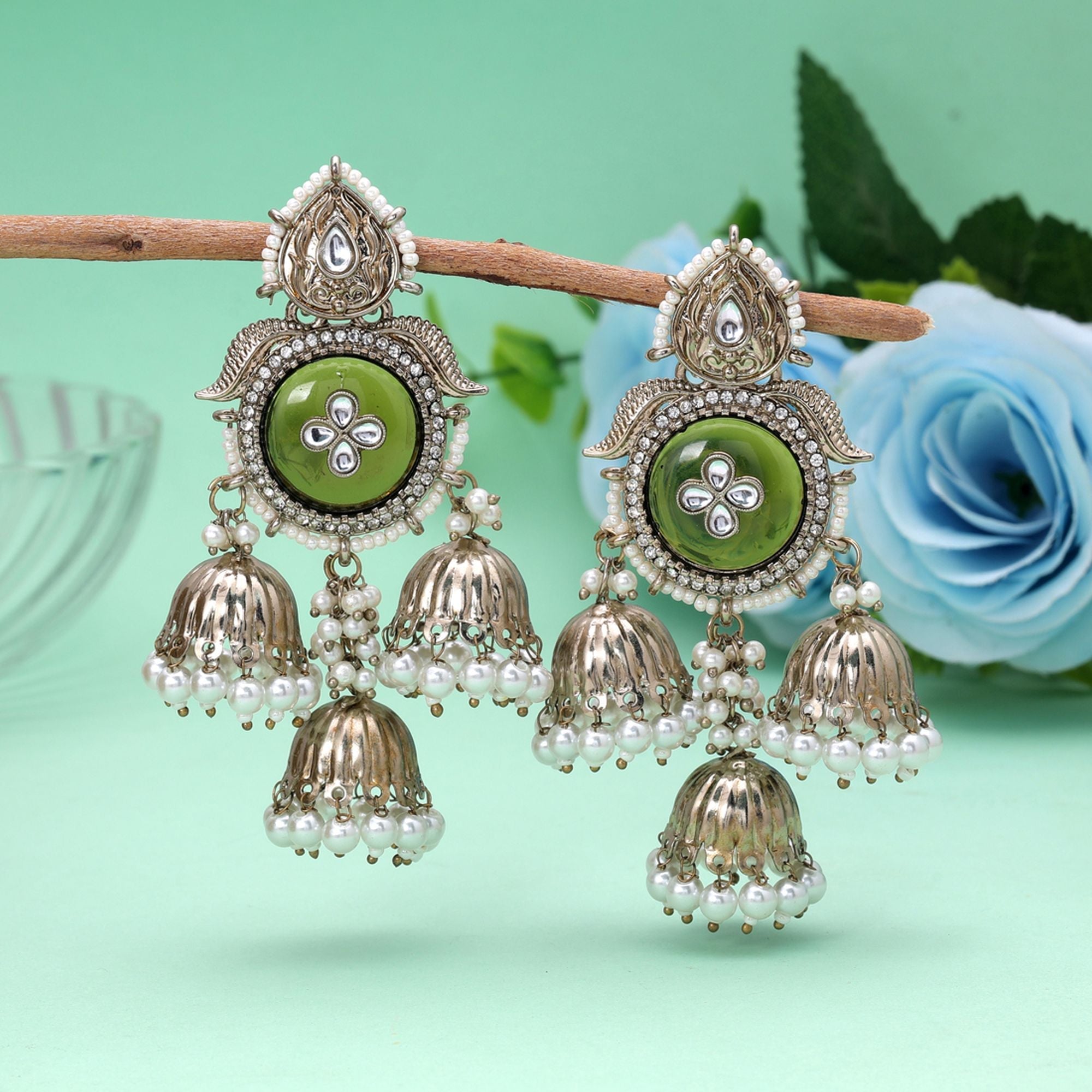 Olive Green Color Kundan Earrings Traditional Appeal