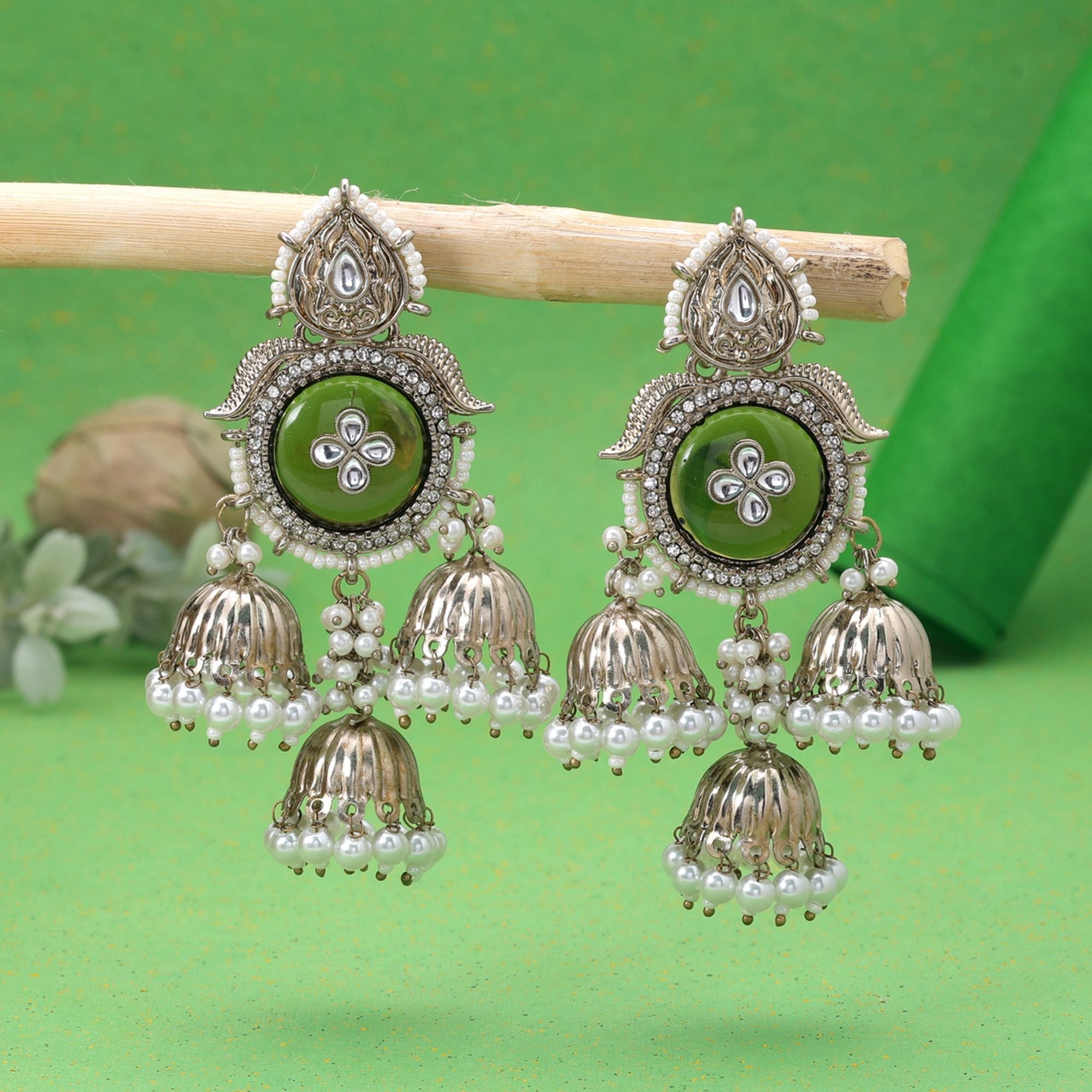 Olive Green Color Kundan Earrings Traditional Appeal