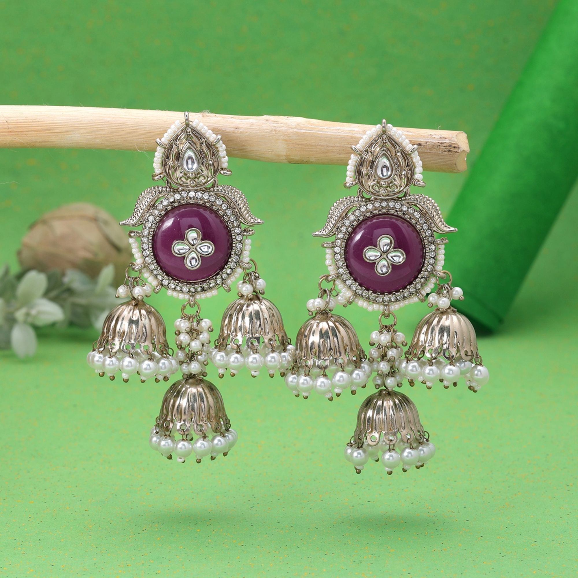 Purple Color Kundan Earrings Festive Fashion Style