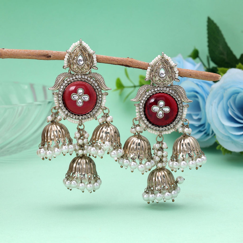 Red Color Kundan Earrings Traditional Designer Appeal