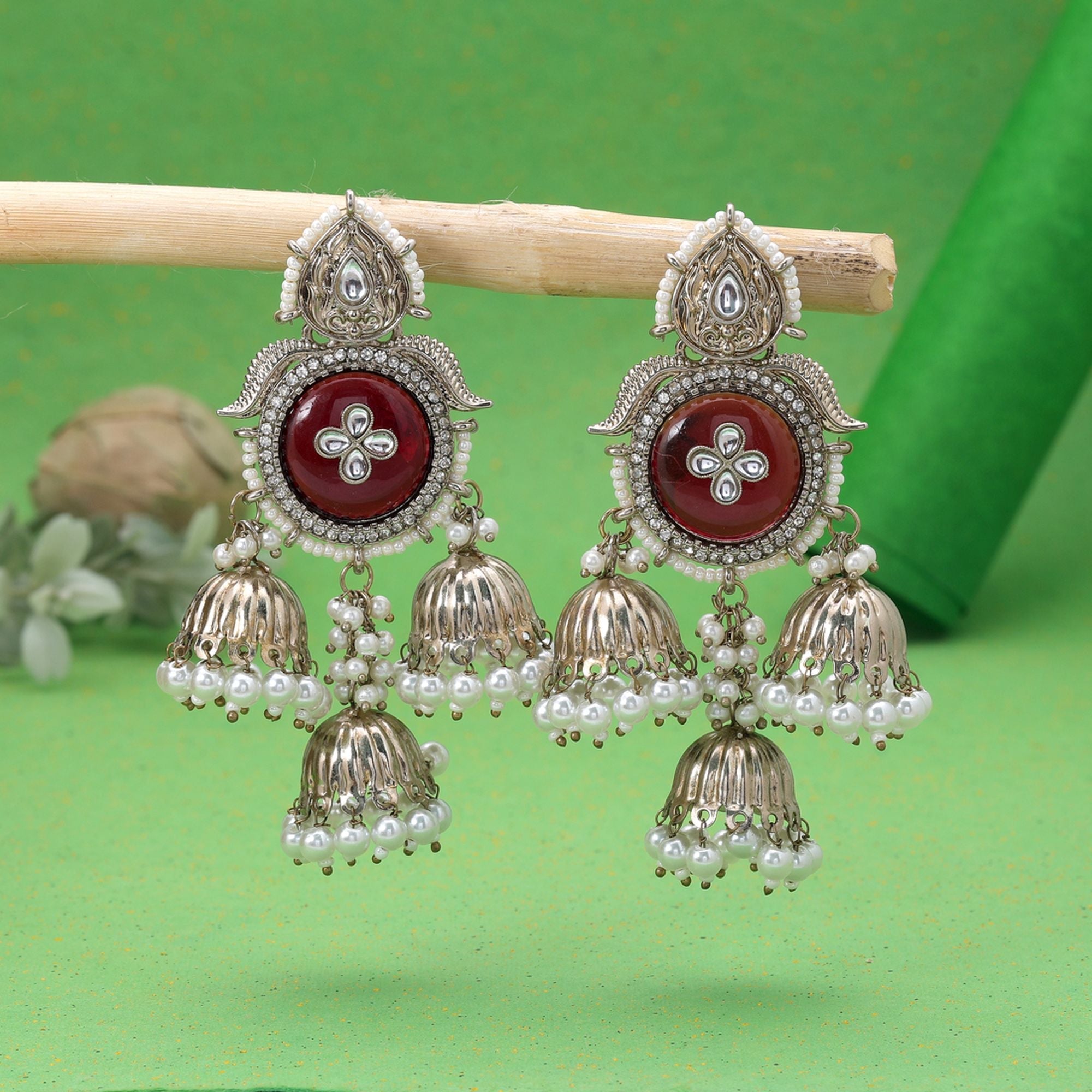 Red Color Kundan Earrings Traditional Designer Appeal