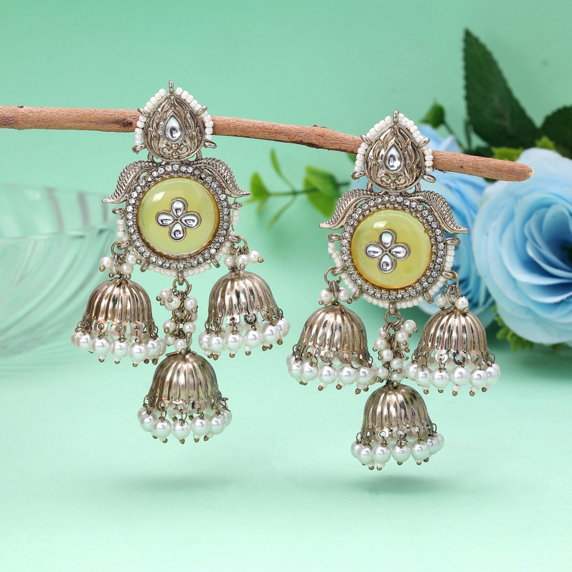 Yellow Color Kundan Earrings Traditional Jewelry Style