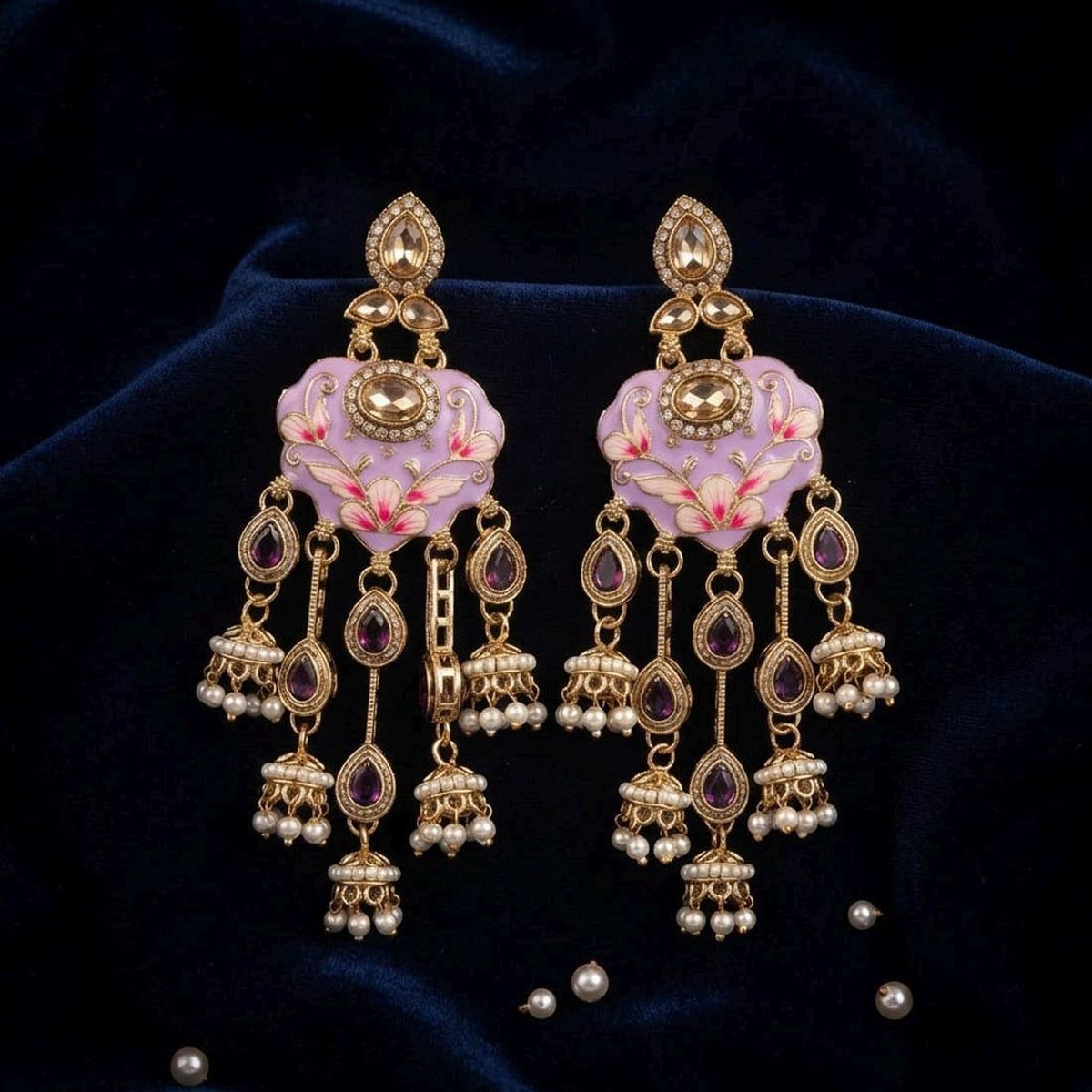 Light Purple Color Meenakari Kundan Earrings Featuring Beautiful Handmade Traditional Fashion Style