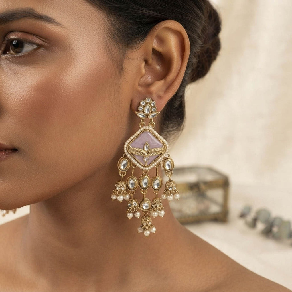 Light Purple Color Kundan Earrings Featuring Beautiful Traditional Handmade Jewelry Style