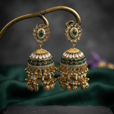 Green Color Kundan Earrings with Elegant Traditional Design