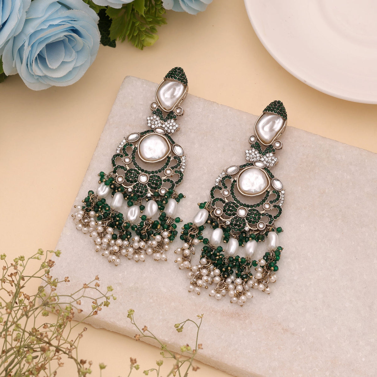 Lush Emerald Green Color Turkish Kundan Drop Earrings For Festive Celebrations