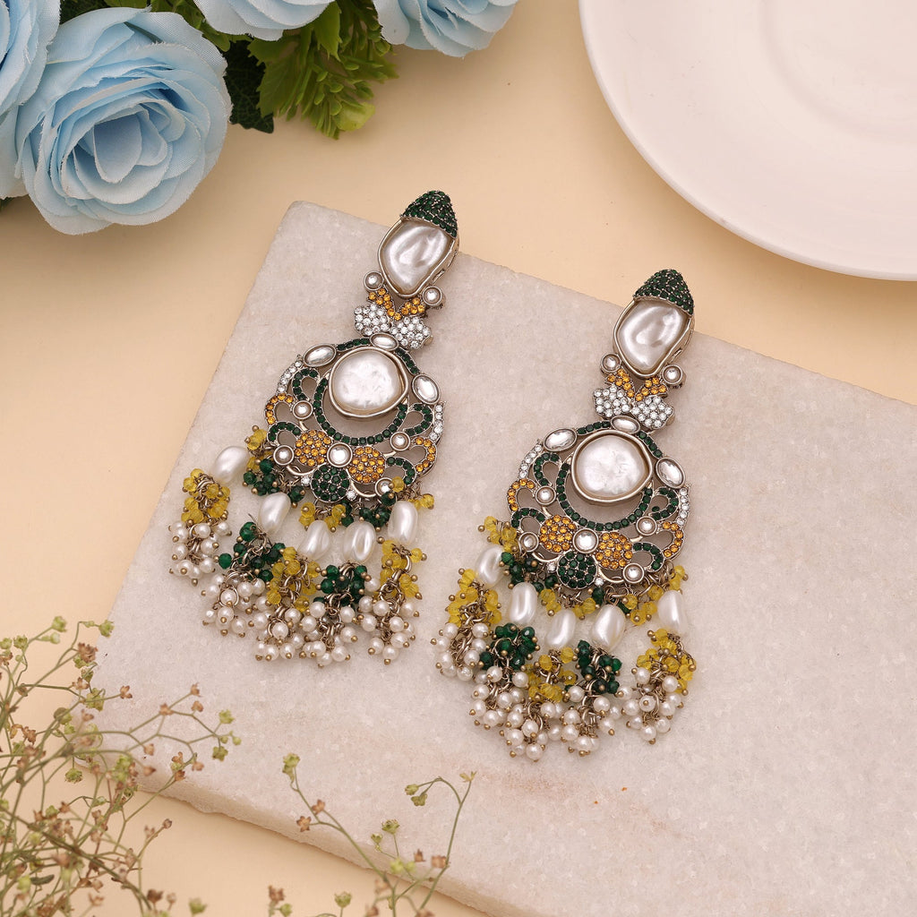 Bright Yellow & Green Color Turkish Kundan Drop Earrings For Haldi