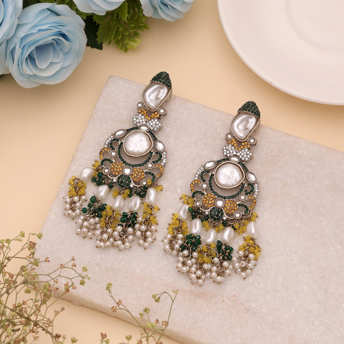 Bright Yellow & Green Color Turkish Kundan Drop Earrings For Haldi
