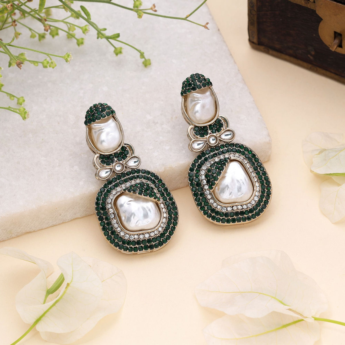 Green Color Turkish Kundan Bridal Earrings For Women