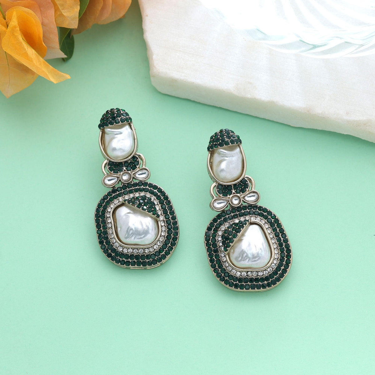 Green Color Turkish Kundan Bridal Earrings For Women