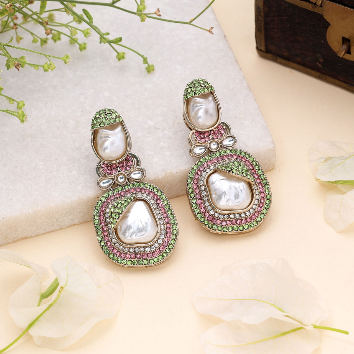 Light Pink & Light Green Color Turkish Kundan Earrings For Women
