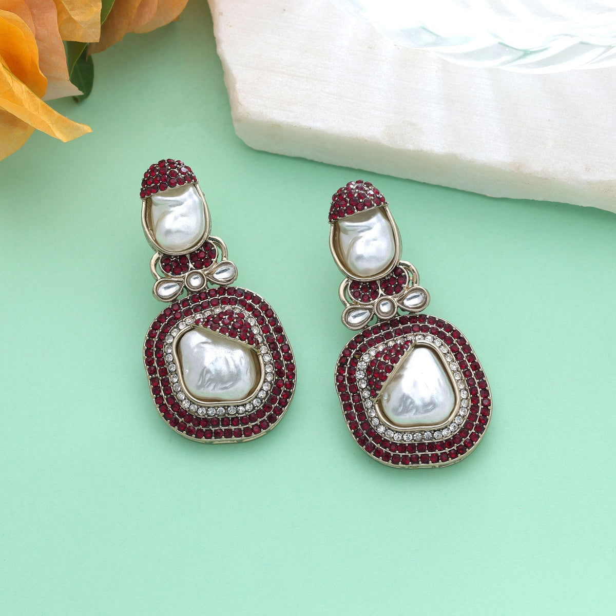 Maroon Color Turkish Kundan Bridal Earrings For Women