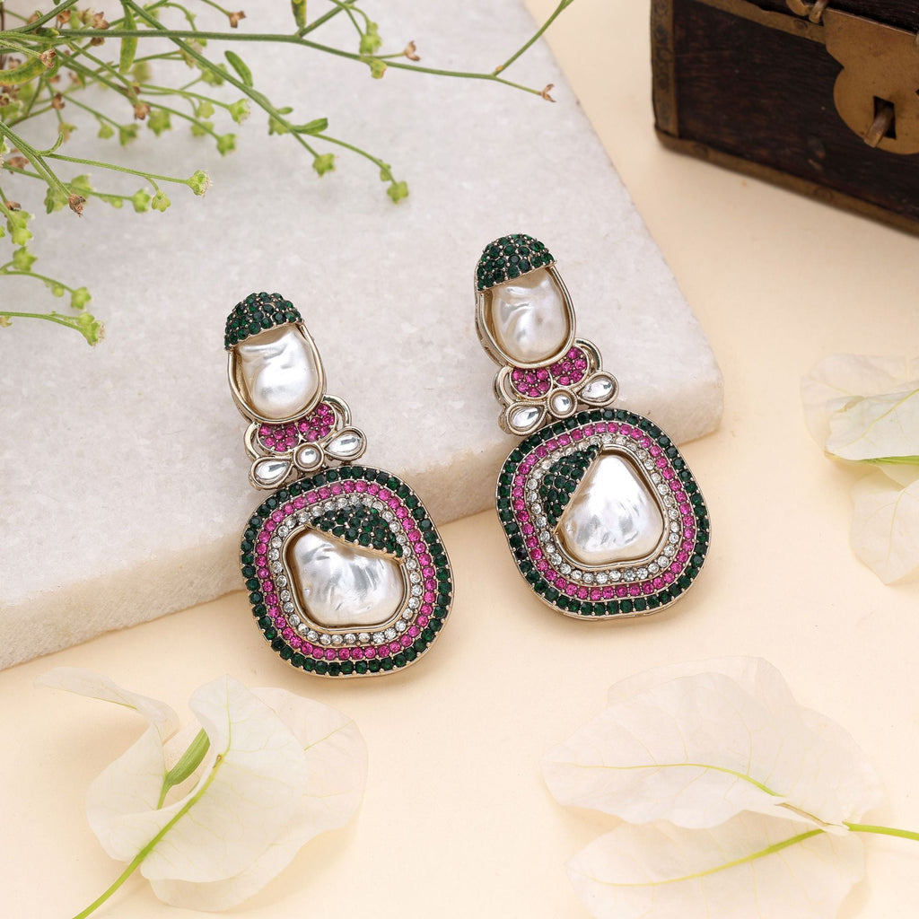 Pink & Green Color Turkish Kundan Bridal Earrings For Women