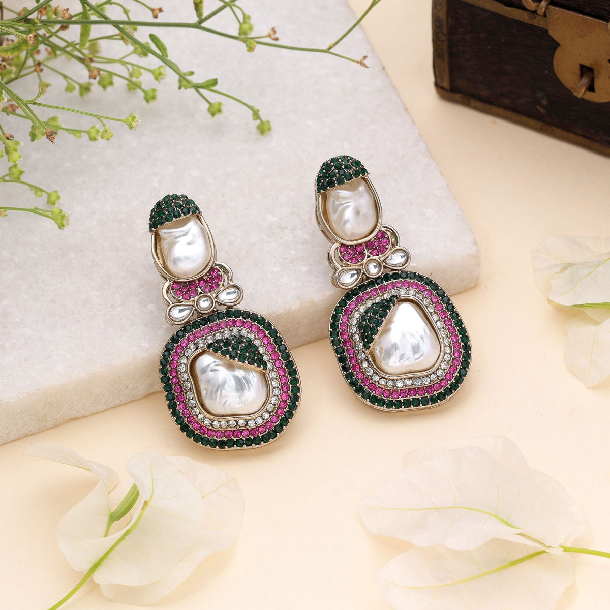 Pink & Green Color Turkish Kundan Bridal Earrings For Women