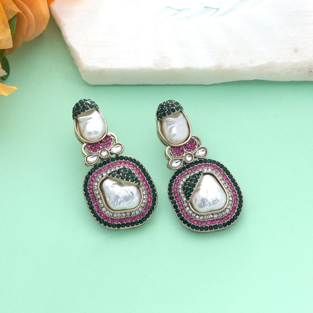 Pink & Green Color Turkish Kundan Bridal Earrings For Women