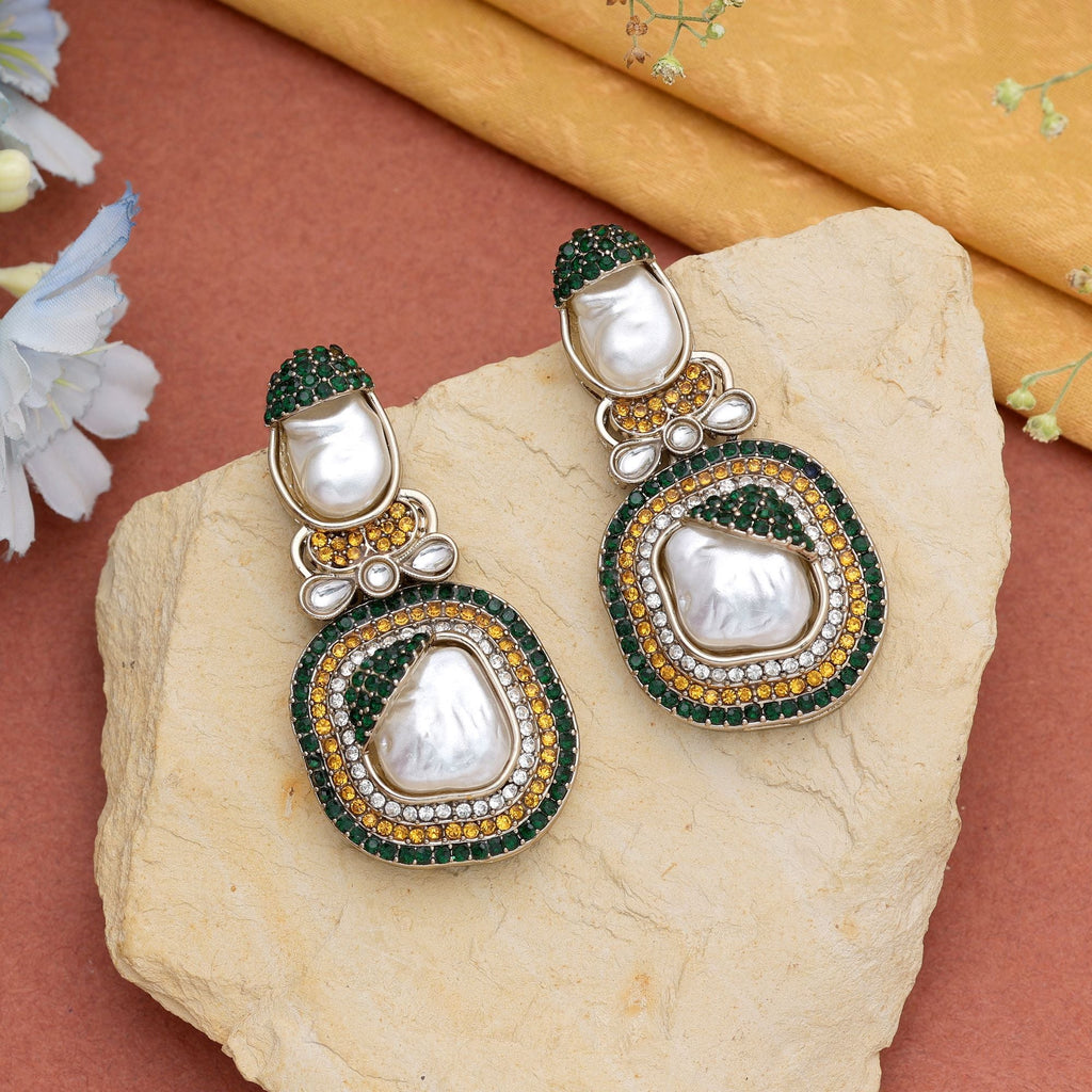 Yellow & Green Color Turkish Kundan Bridal Earrings For Women