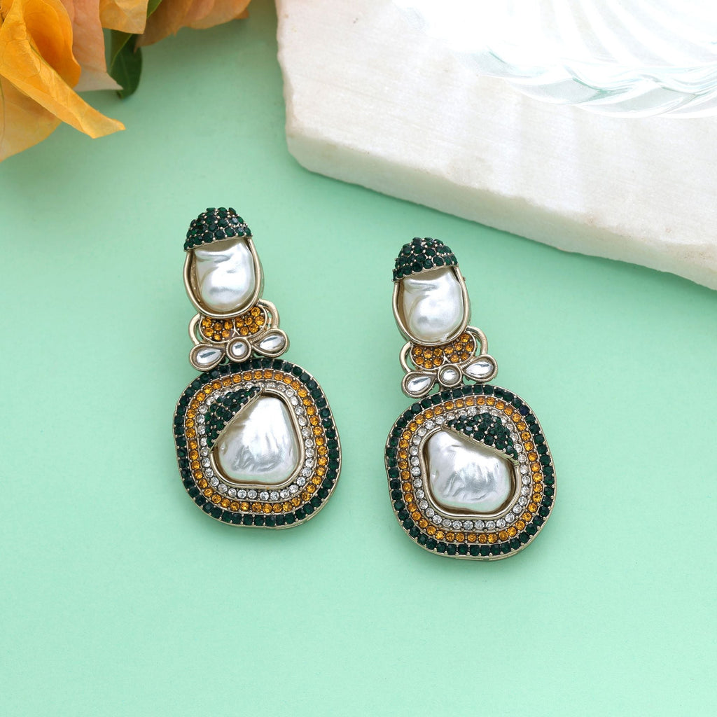 Yellow & Green Color Turkish Kundan Bridal Earrings For Women