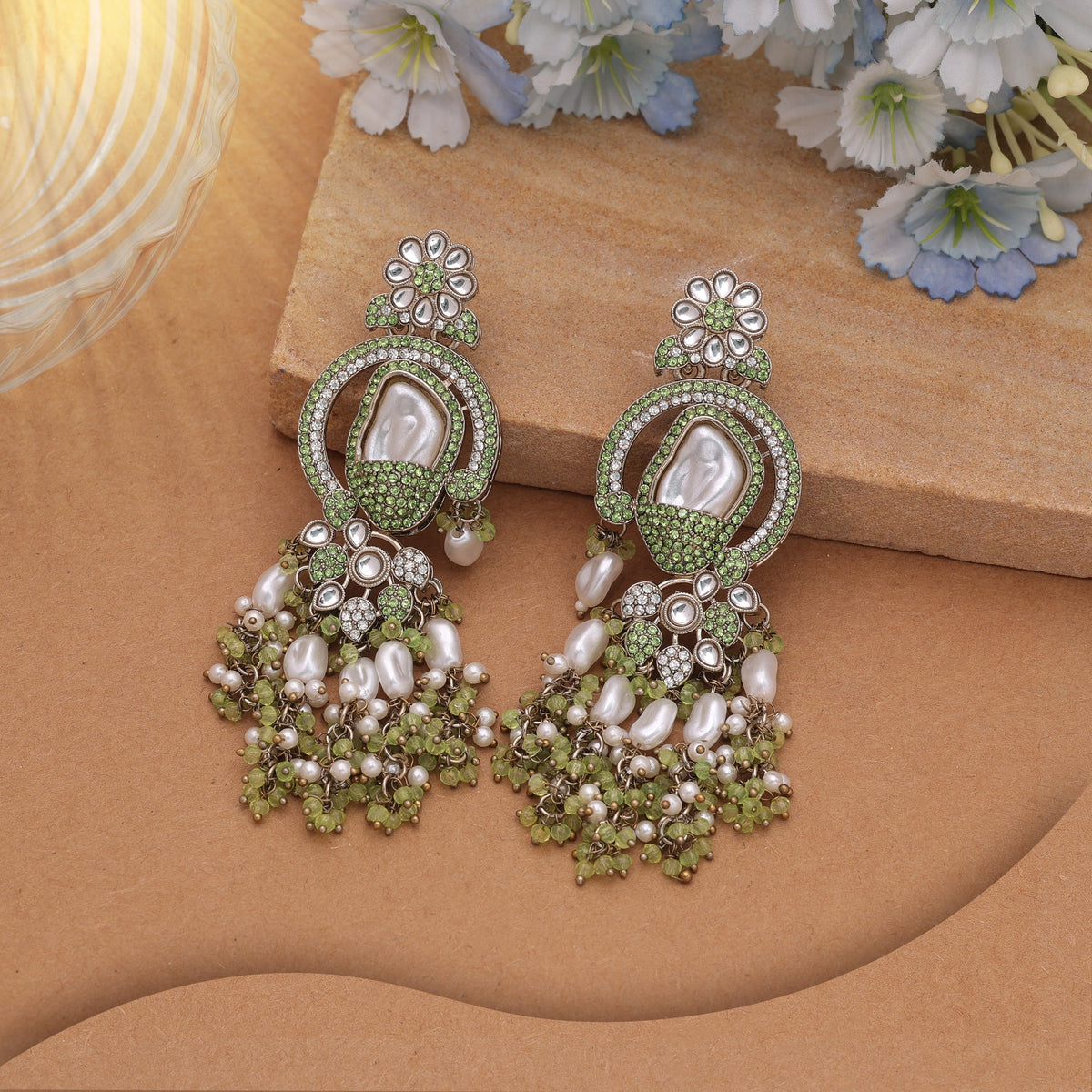 Refreshing Mint Light Green Color Turkish Kundan Jhumka Earrings For Celebrations