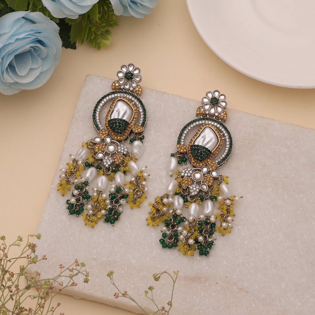 Sunshine Yellow & Green Color Turkish Kundan Dangle Earrings For Ceremonies