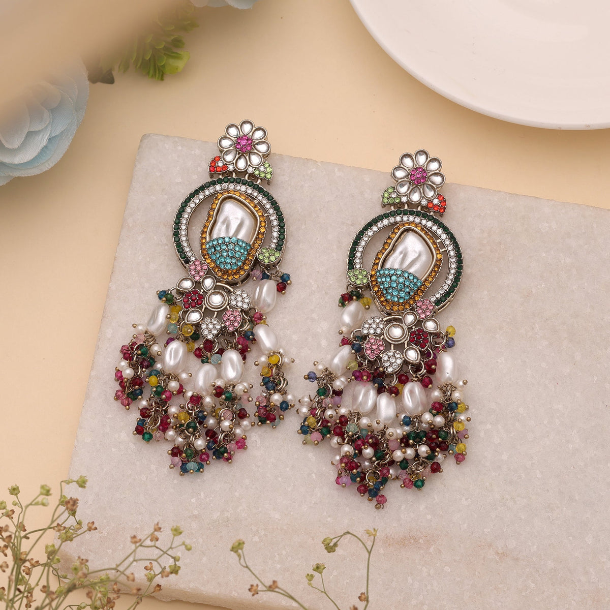 Eye Catching Multi Color Turkish Kundan Statement Earrings For Garba Events
