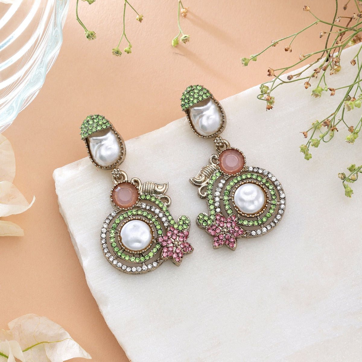 Yellow & Green Color Turkish Kundan Traditional Earrings For Women