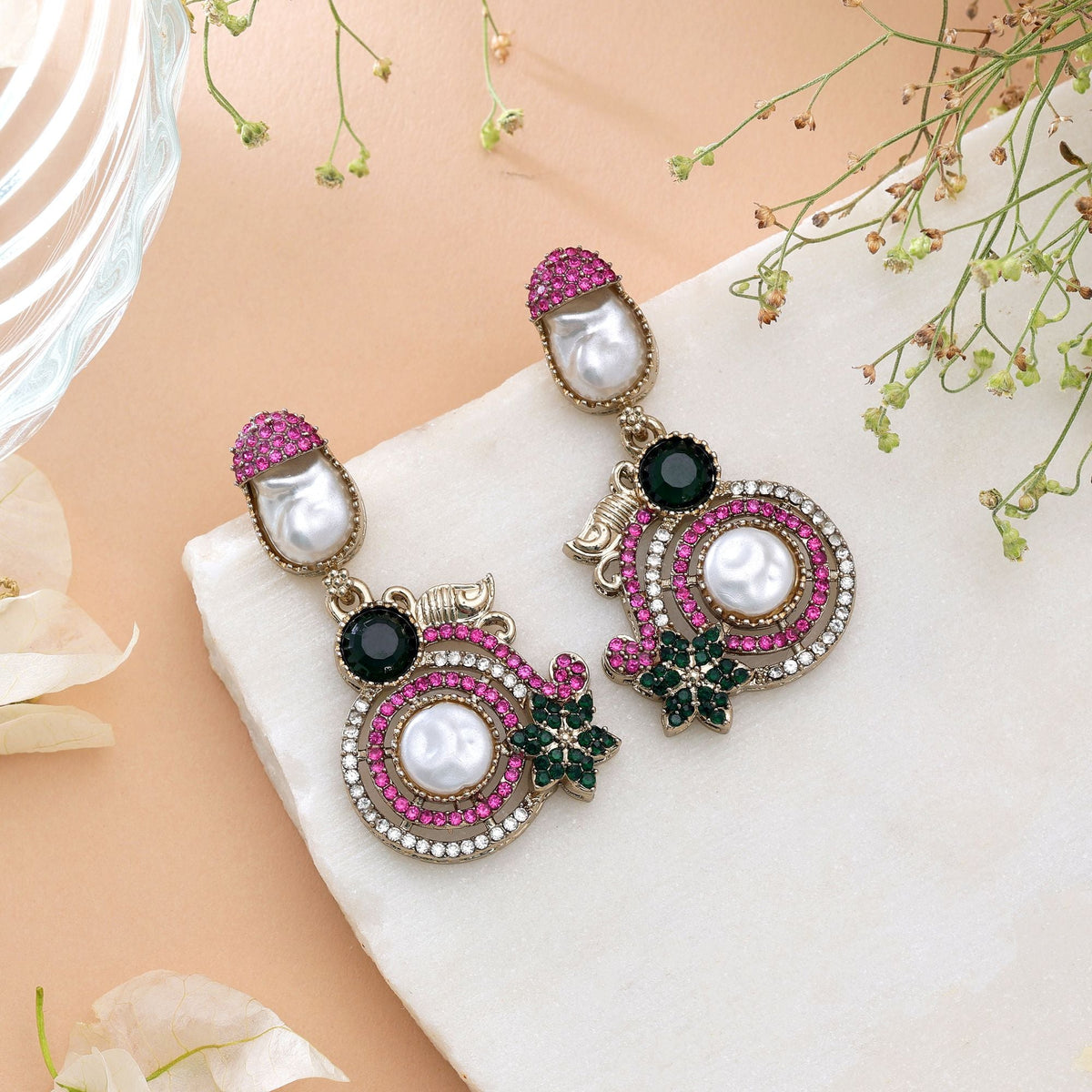 Light Pink & Light Green Color Turkish Kundan Bridal Earrings For Women