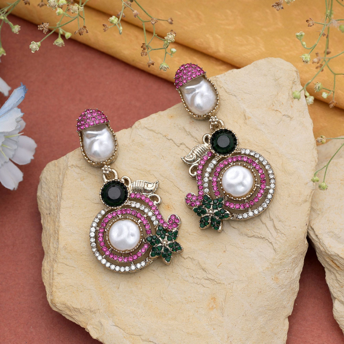 Light Pink & Light Green Color Turkish Kundan Bridal Earrings For Women