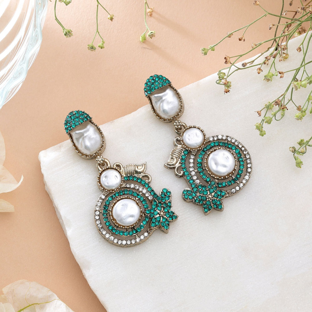 Pink & Green Color Turkish Kundan Bridal Earrings For Women