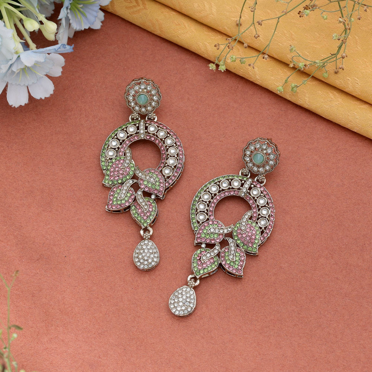 Light Pink & Light Green Color Turkish Kundan Earrings For Women