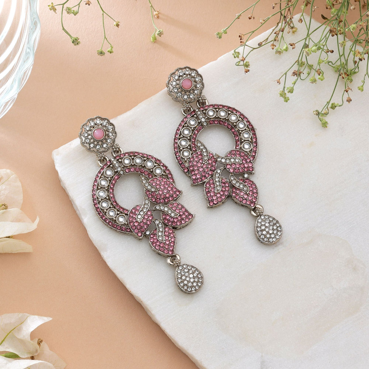 Light Pink Color Turkish Kundan Bridal Earrings For Women