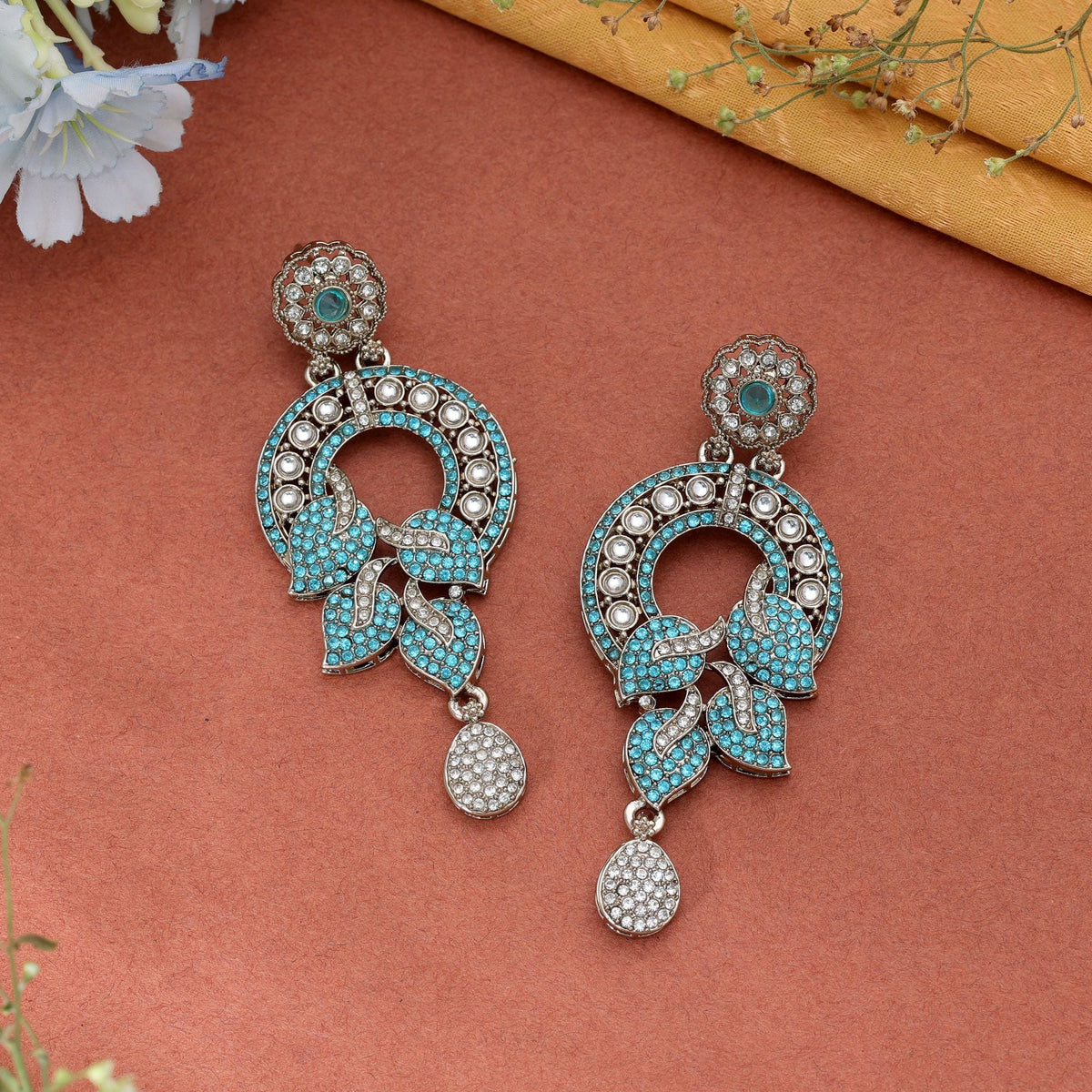 Rama Green Color Turkish Kundan Bridal Earrings For Women