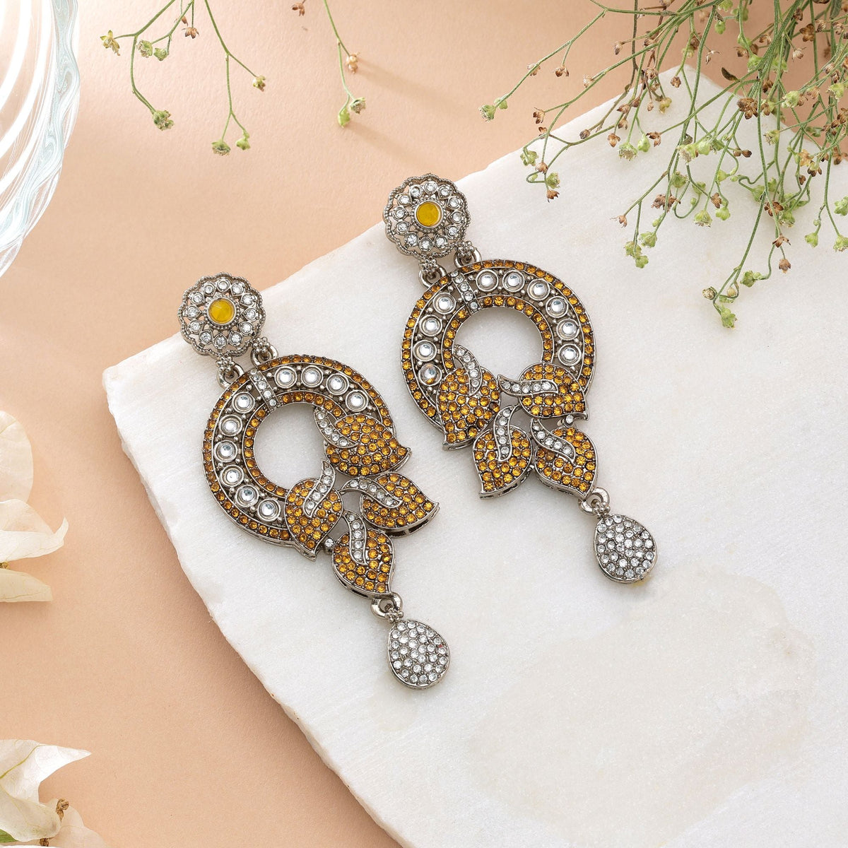 Yellow Color Turkish Kundan Earrings For Women