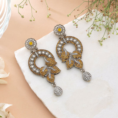 Yellow Color Turkish Kundan Earrings For Women