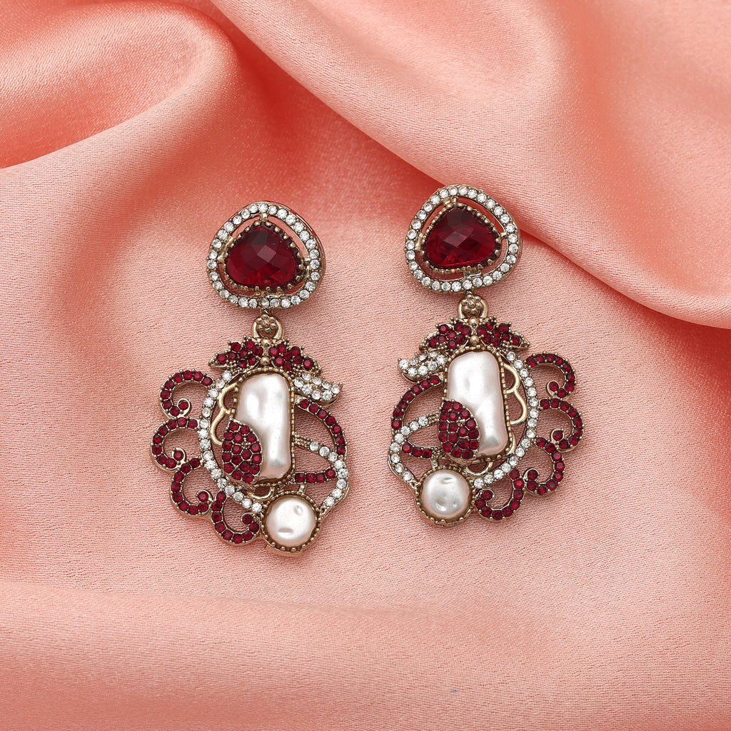 Grand Bridal Maroon Color Turkish Kundan Jhumka Earrings For Special Ceremonies