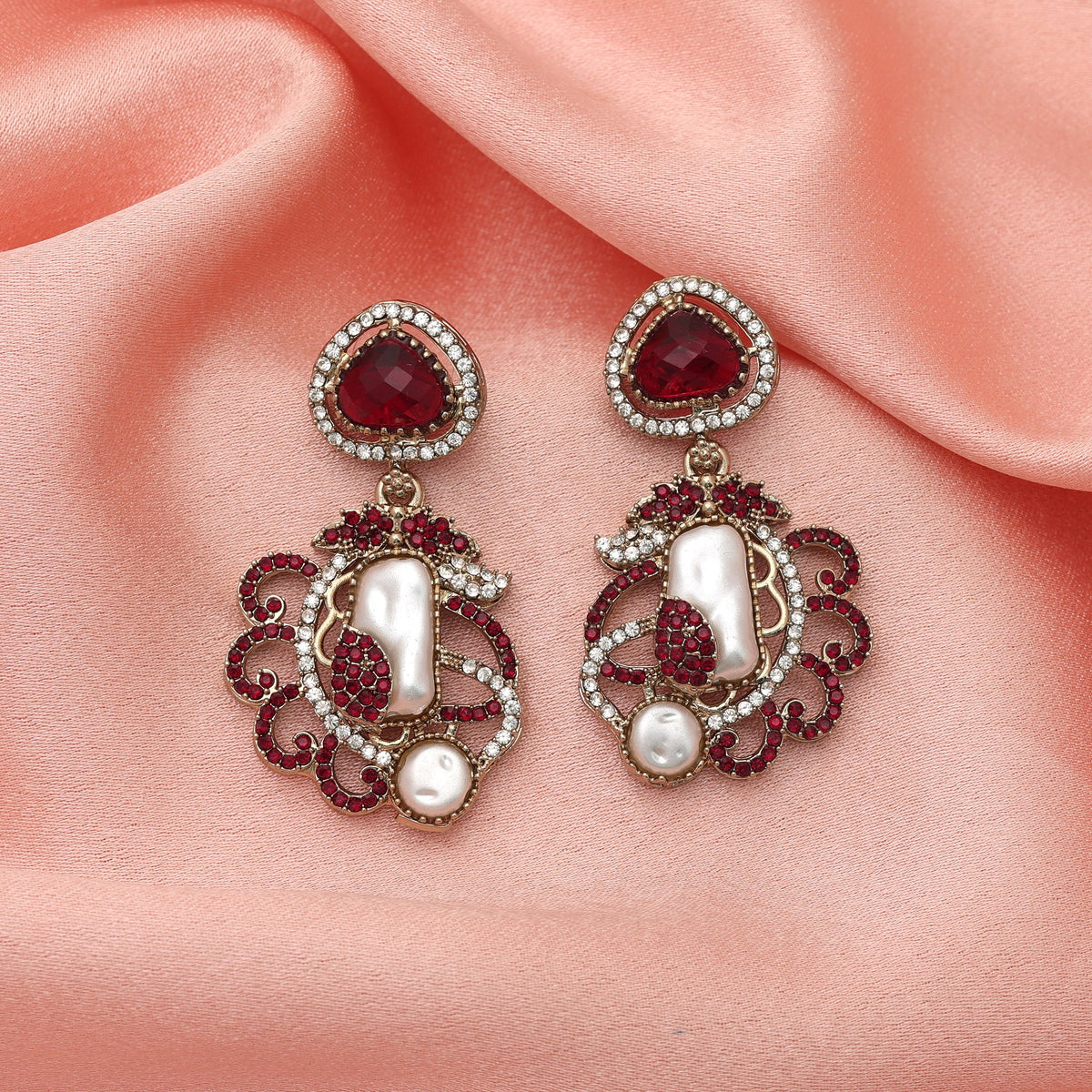 Grand Bridal Maroon Color Turkish Kundan Jhumka Earrings For Special Ceremonies