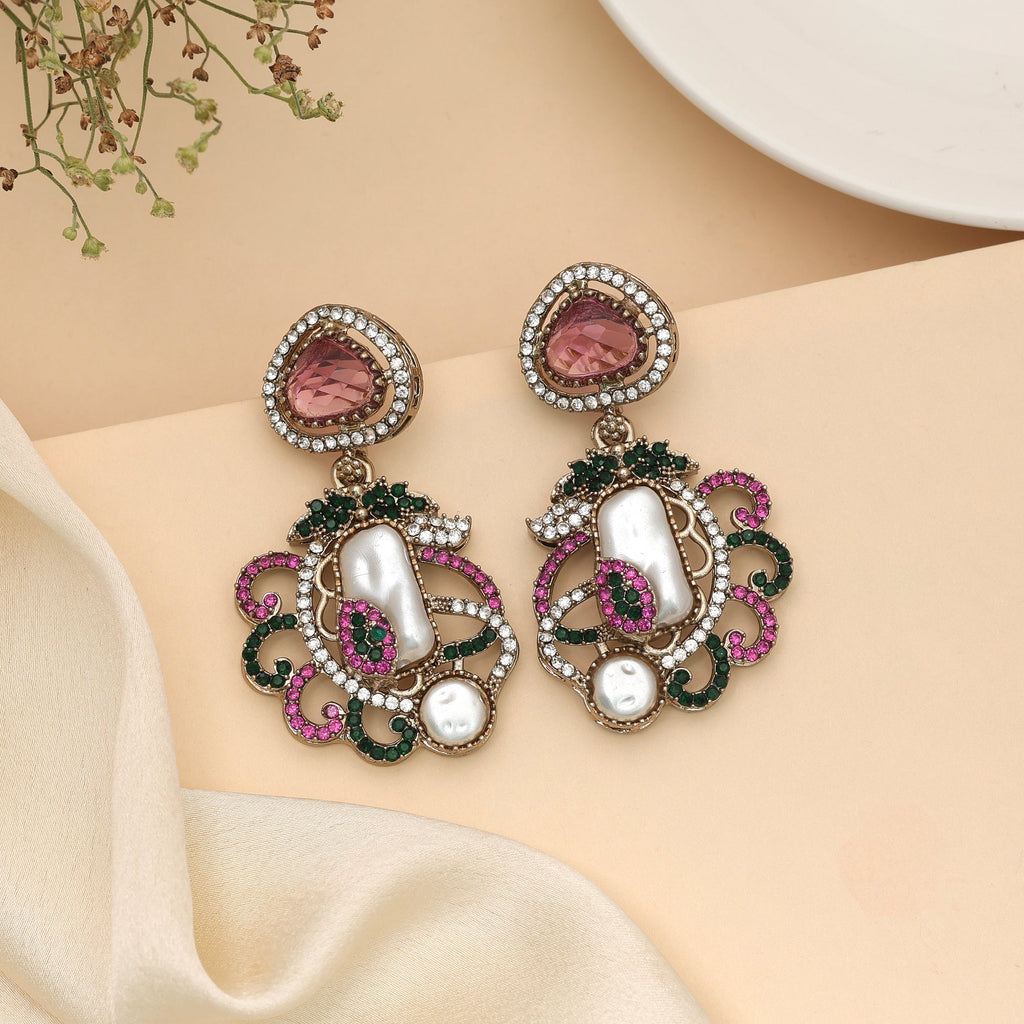 Exquisite Dual Pink & Green Color Turkish Kundan Drop Earrings For Women