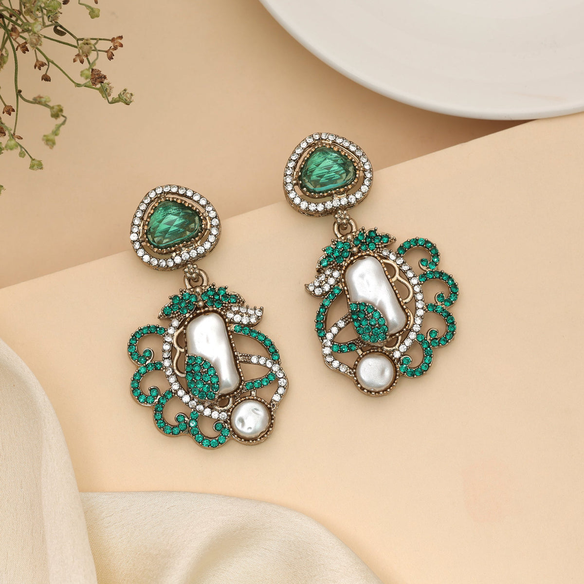Graceful Teal Rama Green Color Turkish Kundan Statement Earrings For Females