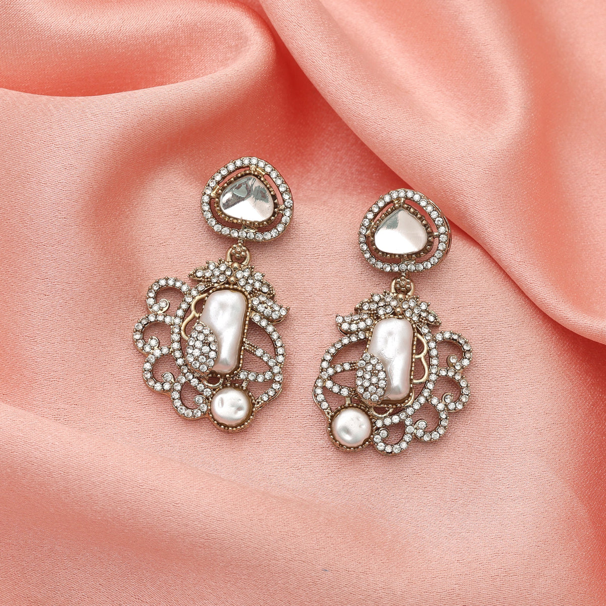 Radiant Pure White Color Turkish Kundan Chandbali Earrings For Ethnic Suit