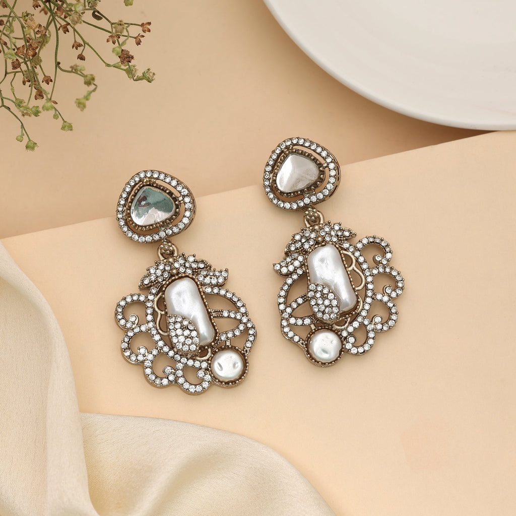 Radiant Pure White Color Turkish Kundan Chandbali Earrings For Ethnic Suit