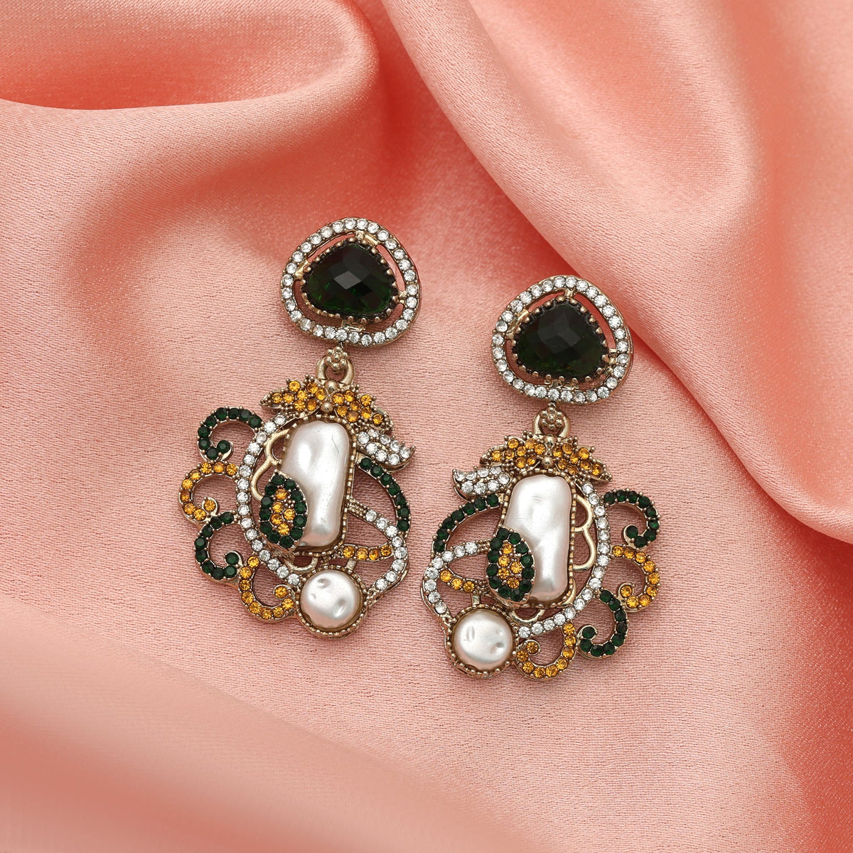 Bright Yellow & Green Color Turkish Kundan Jhumka Earrings For Ceremonies