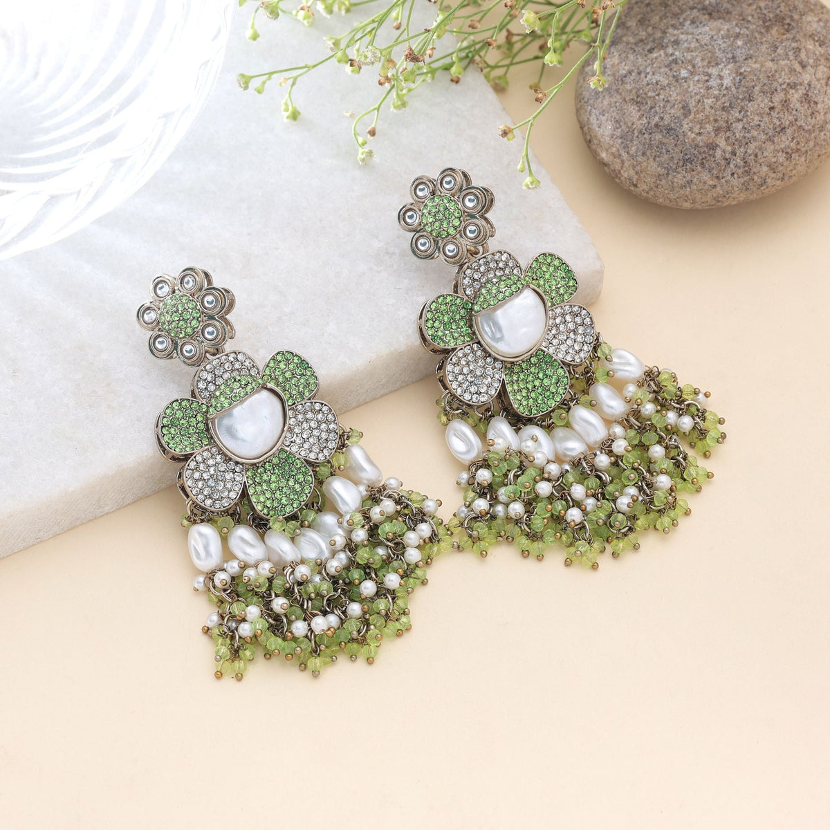 Light Green Color Turkish Kundan Traditional Earrings For Women