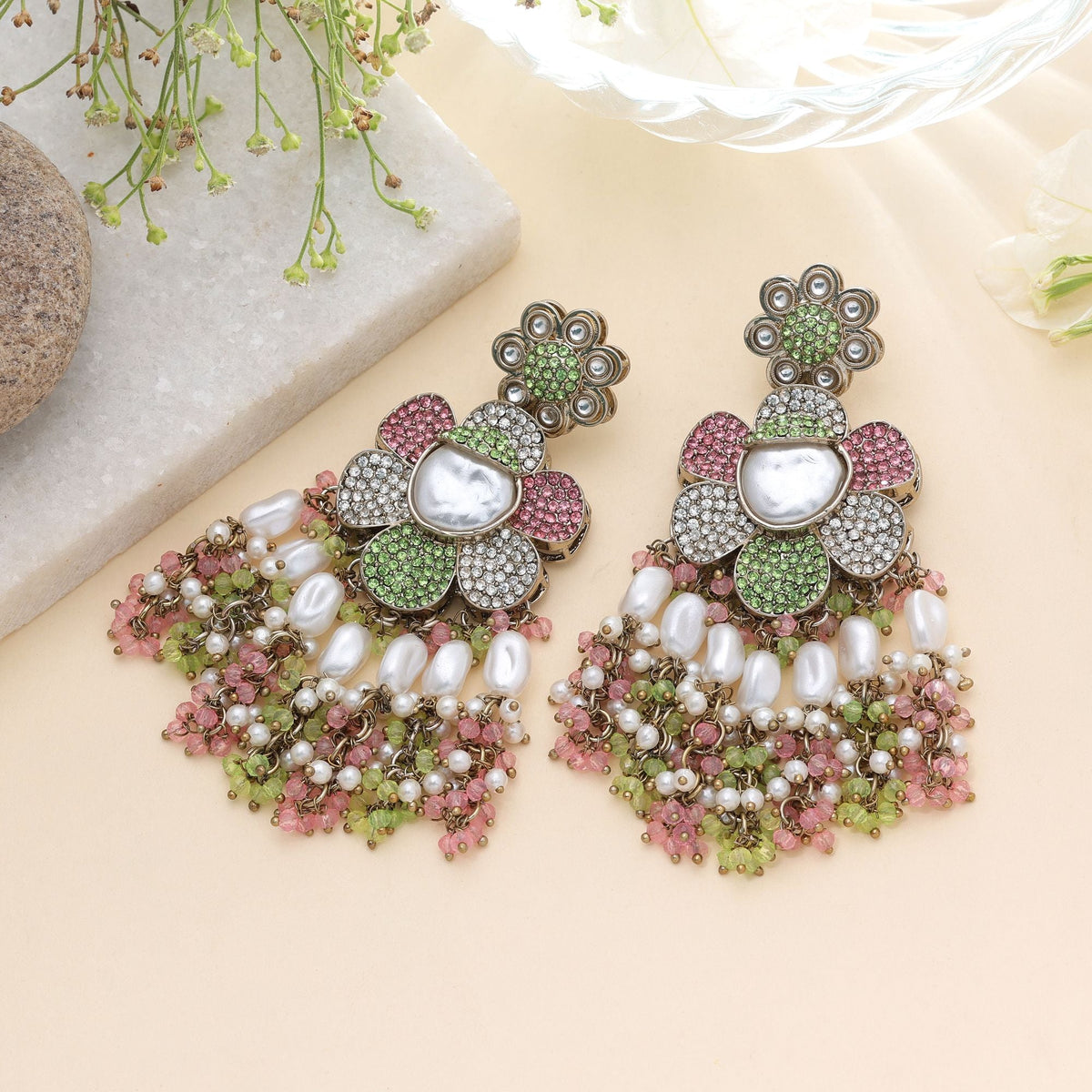 Light Pink & Light Green Color Turkish Kundan Bridal Earrings For Women